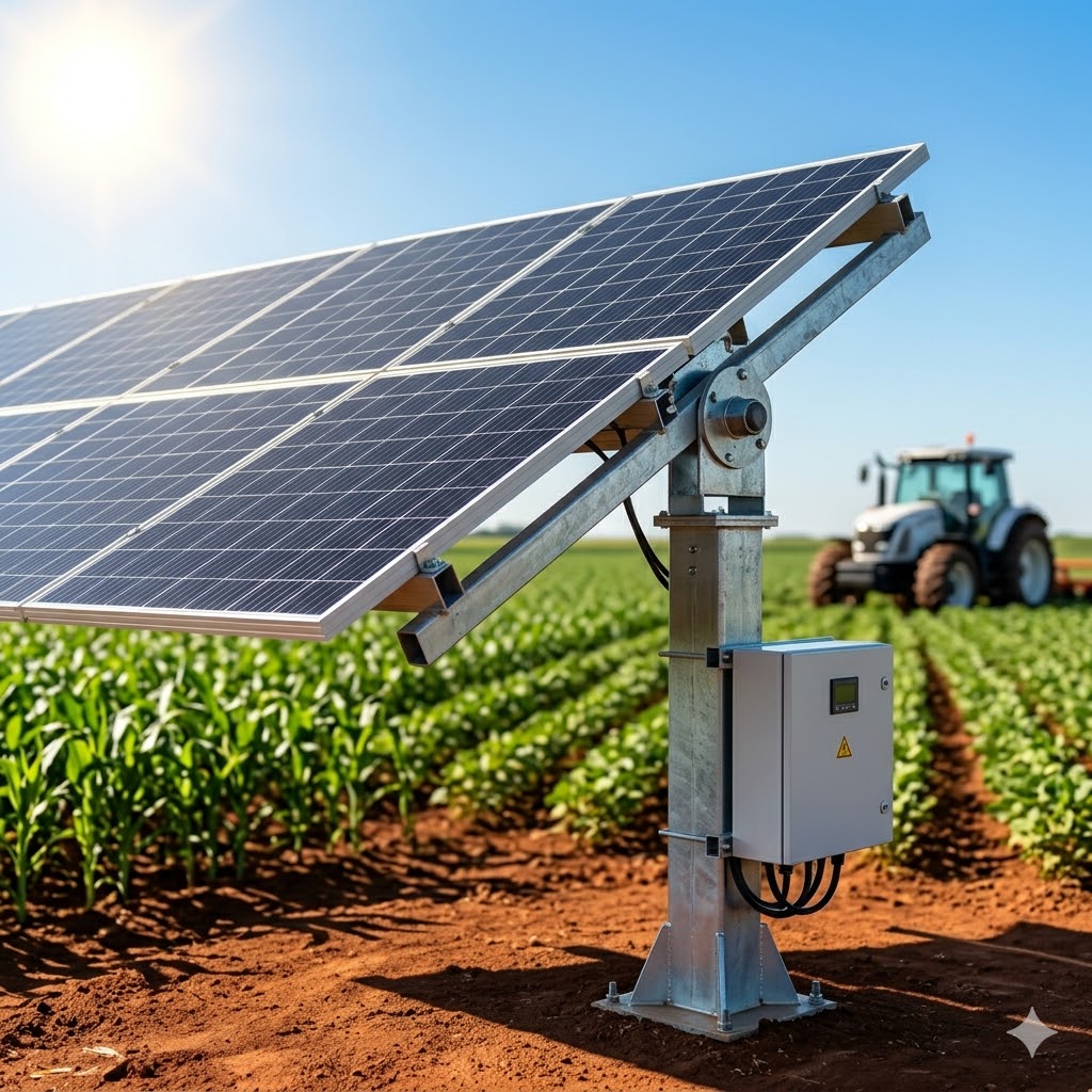 Painéis solares em uma estrutura no meio de uma área rural.
